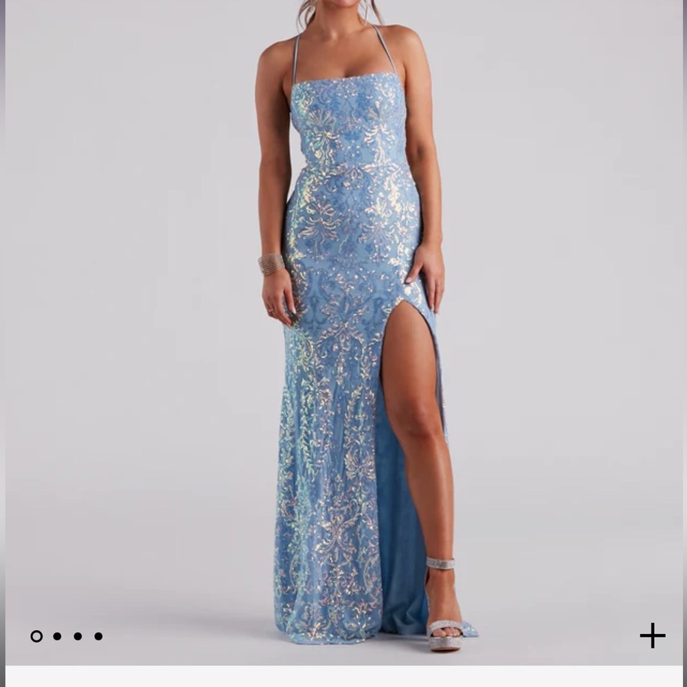 Formal sequin mermaid dress, floor length with side slit. Beautiful blue. (M)